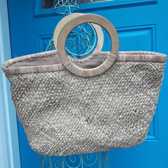 Wicker Bag Woven Purse Wooden Handles Beaded - Picture 2 of 10